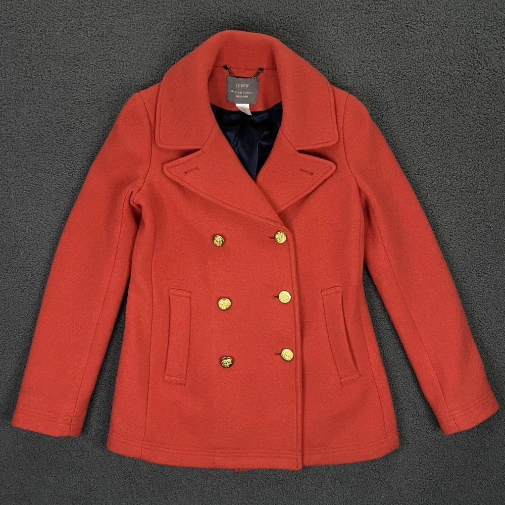 J Crew Coat Womens 4 Orange Stadium Cloth‎ Peacoat Nello Gori Gold Buttons